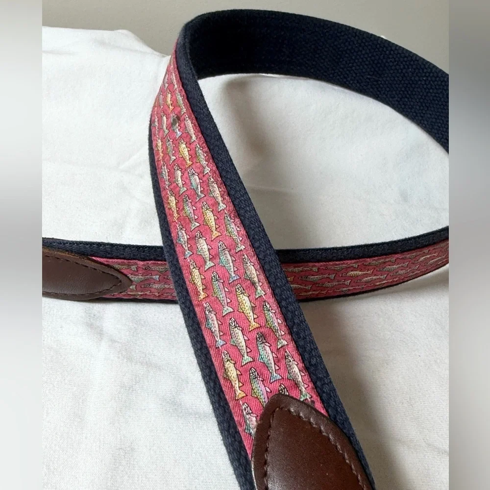 Vineyard Vines Size 34 Leather Canvas Brown and Pink All Over Fish Pattern Belt